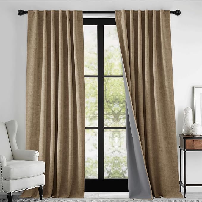 RYB HOME 100% Blackout Linen Textured Curtains for Bedroom, Farmhouse Thermal Insulated Window Curtains for Living Room Dining Patio Sliding Glass Door, Wide 52 x Long 102 inch, Burlap, 2 Panels