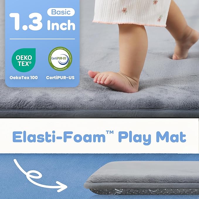 1.3" Thick Baby Floor Play Mat 50x50, Basic Padded Foam Mat for Tummy Time Crawling, Non Slip Cushioned for Babies Toddlers Infants Kids (Light Grey)
