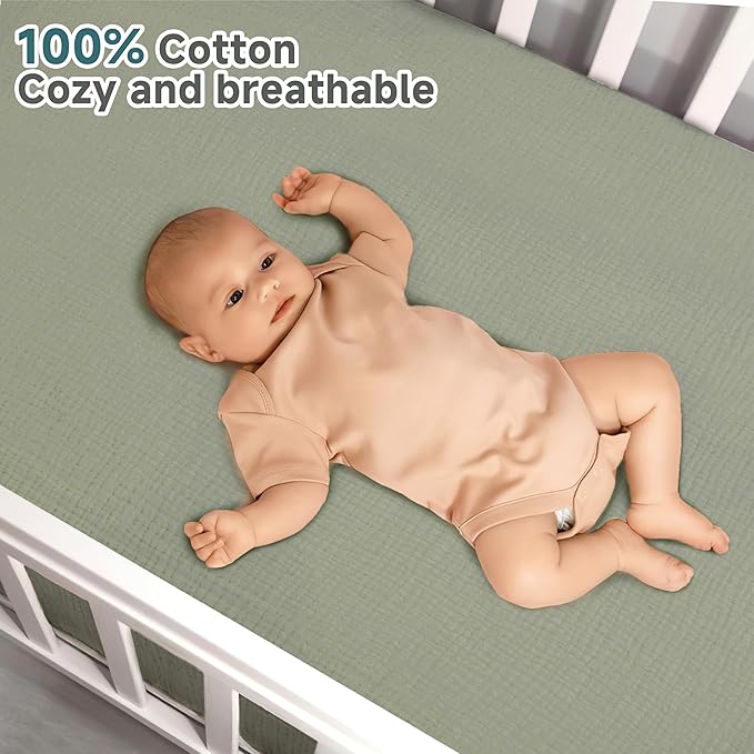 Pro Goleem 2 Pack Muslin Crib Sheets for Boys and Girls, Soft Breathable Neutral Fitted Cotton Baby Bed Sheets Set for Standard Crib Mattress & Toddler Mattress 52"x28", (Grey＆Green)