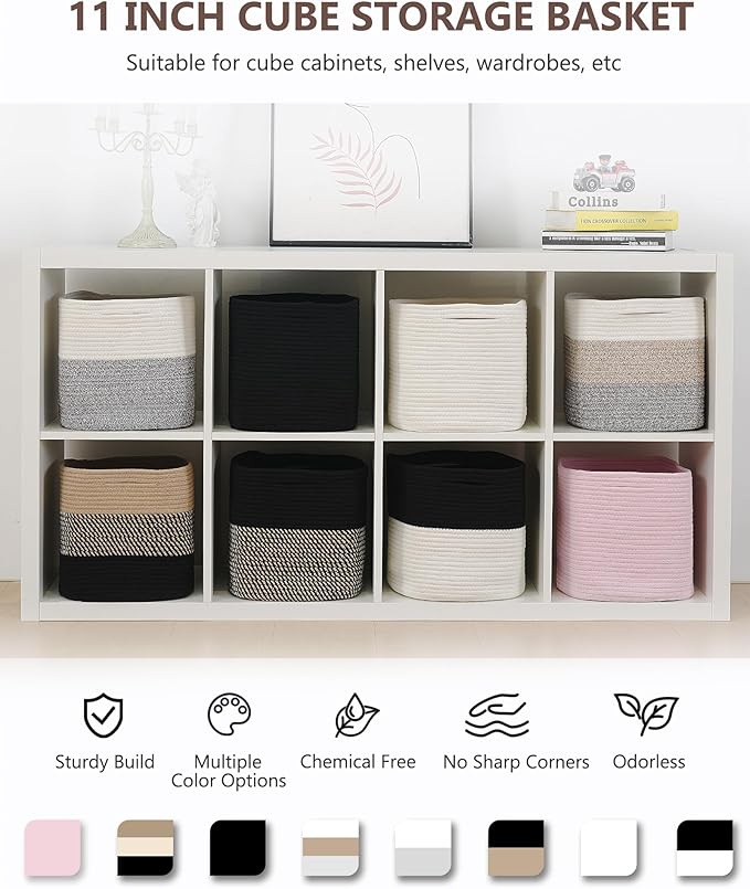 Cube Storage Bin 11" x 10.5" x 10.5" Cotton Rope Basket Square Woven Storage Basket for Shelves, Closet Organizer, Soft Towel Sock Basket, Black/White, 2 Pack