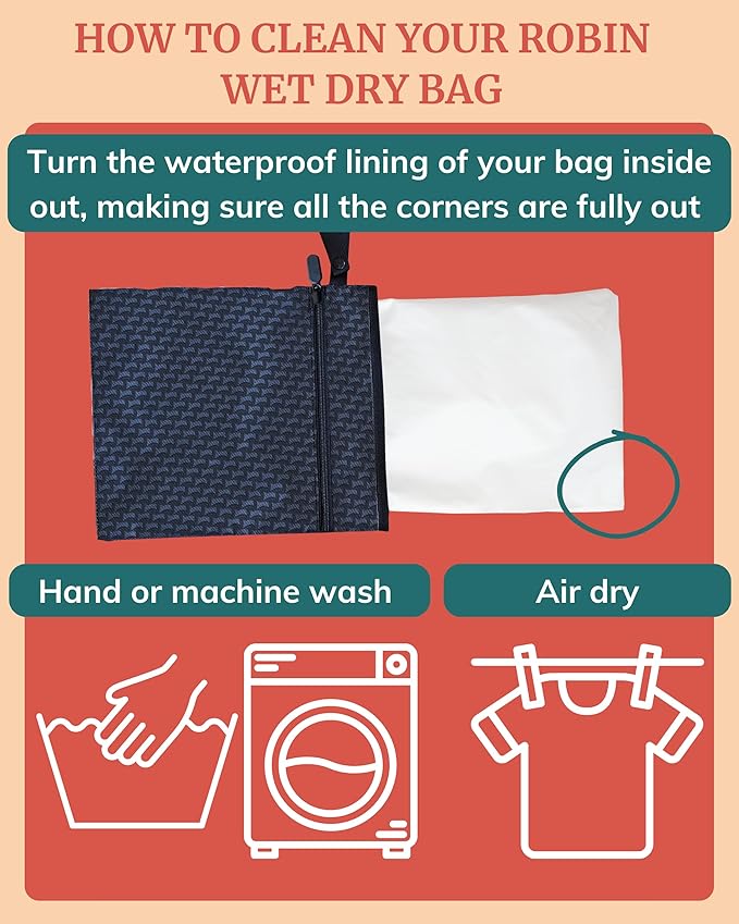 IDAHO JONES Wet Dry Bag - Waterproof Wet Bag for Travel, Wetbag for Swimsuit, Diaper, Clothes, Period Underwear - Breast Pump Parts Organizer - Zippered Pouch with Waterproof Mat - Robin