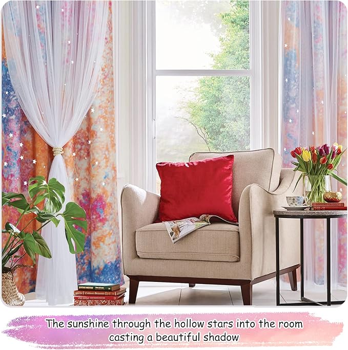 NICETOWN Rainbow Curtains - Double Layer Curtains 63 Inches Long with Sheer Grommet Nursery Blackout Star Hollow-Out Window Panels for Living Room, 52" W, 1 Pair, Yellow & Pink
