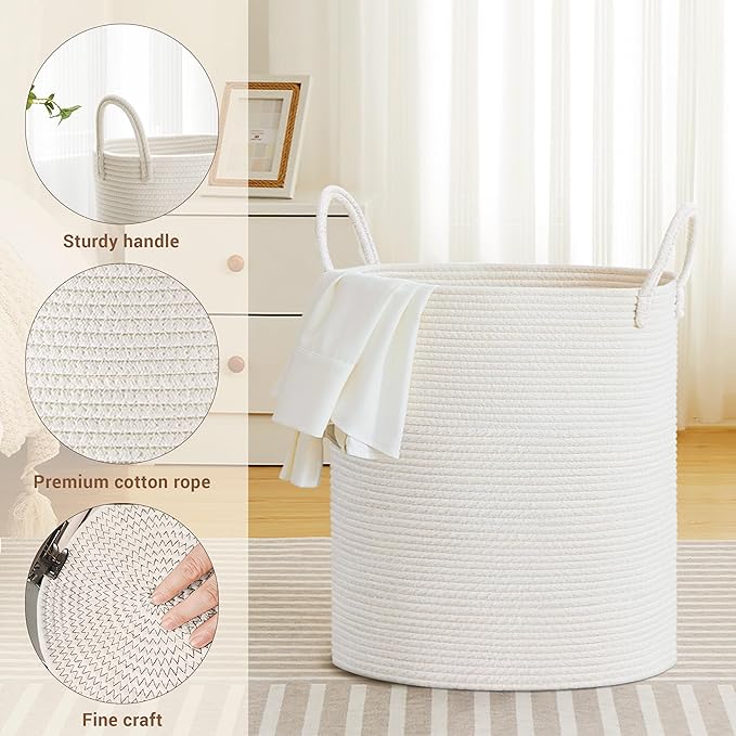 Tall Laundry Basket with Handles, 88L Portable Dirty Clothes Hamper, Boho Cotton Rope Storage Bin for Blankets Kids Toys Gifts, Large Organizer for Baby Nursery Bedroom Bathroom, White