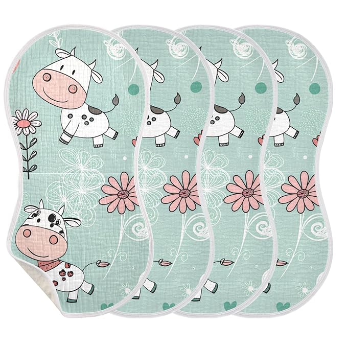 Kigai Cow Muslin Baby Burp Cloths, Large Absorbent Cotton Muslin Burp Cloths Set of 2, Washcloths, Face Towel, Bibs for Newborn Boys Girls, 11 x22 Inch