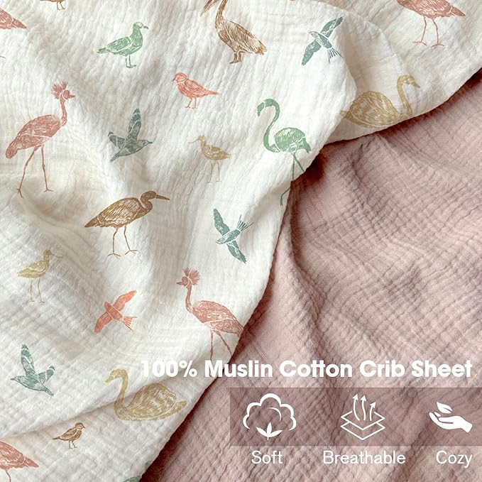 Little Grape Land Muslin Crib Sheets Fitted for Boys and Girls 2 Pack, 100% Cotton Baby Bed Sheets Soft Breathable, Neutral Fitted Baby Mattress Sheets for Standard Crib 52x28 inches, Wetland Bird