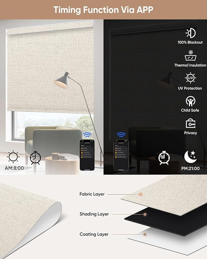 Kincmo Motorized Blinds with Remote,100% Blackout Motorized Roller Shades Work with Apple Homekit,Alexa,Google, Custom Electric Blinds with App,Voice Control (Classic Warm)