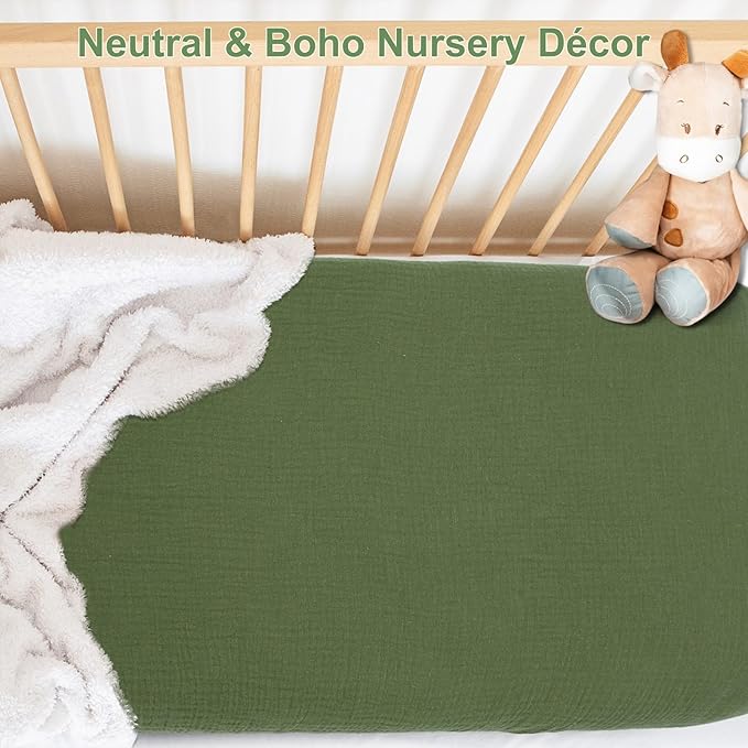 PET REJOIR Muslin Bassinet Sheet for Baby Boy and Girl-2 Pack 17"x 33" Soft Bedside Bassinet Sheets Fitted for Rectangle, Round, Oval, Hourglass Mattress-Neutral Olive Green & Beige
