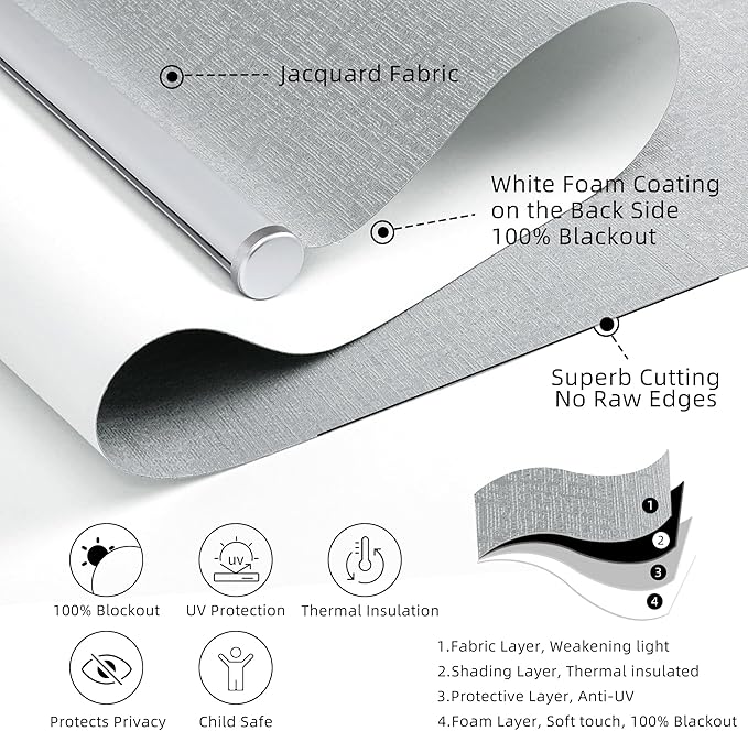 ChrisDowa Cordless 100% Blackout Roller Shade, with Striped Jacquard, Thermal Insulated, UV Protection Fabric, Total Blackout Blinds for Window, French Doors, Home and Office. Light Grey, 51"W x 72"H