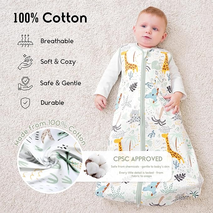 Yoofoss Baby Sleep Sack 0-6 Months 0.5 TOG Baby Wearable Blanket, 100% Organic Cotton Infant Toddler Sleeping Sack 2-Way Zipper Lightweight Sleep Sack, Giraffe