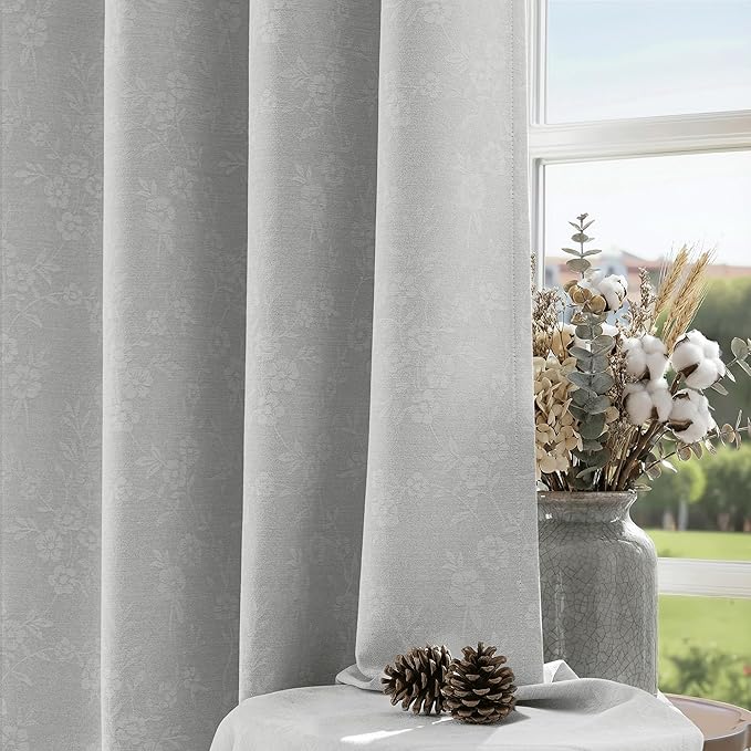 Beauoop Grey Floral Jacquard Blackout Curtains 63 Inches Long 2 Panels for Living Room Bedroom Chenille Flower Room Darkening Thermal Insulated Soundproof Grommet Window Drapes, 52x63 Set of 2