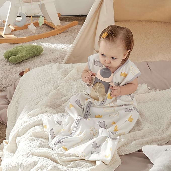 TILLYOU 2 Pack Baby Sleep Sack 12-18 Months 100% Cotton Wearable Blanket 0.5 TOG Sleeveless Summer Sleep Sacks with 2-Way Zipper, Gray Crown