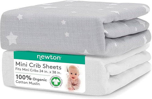Newton Baby Fitted Mini Crib Sheets (2-Pack) | Organic Muslin Cotton, Breathable & Soft Baby Sheets, Washable Baby Mattress Sheets, Fits Any Mini Sized Crib 24" x 38", Stardust Twilight Grey + White
