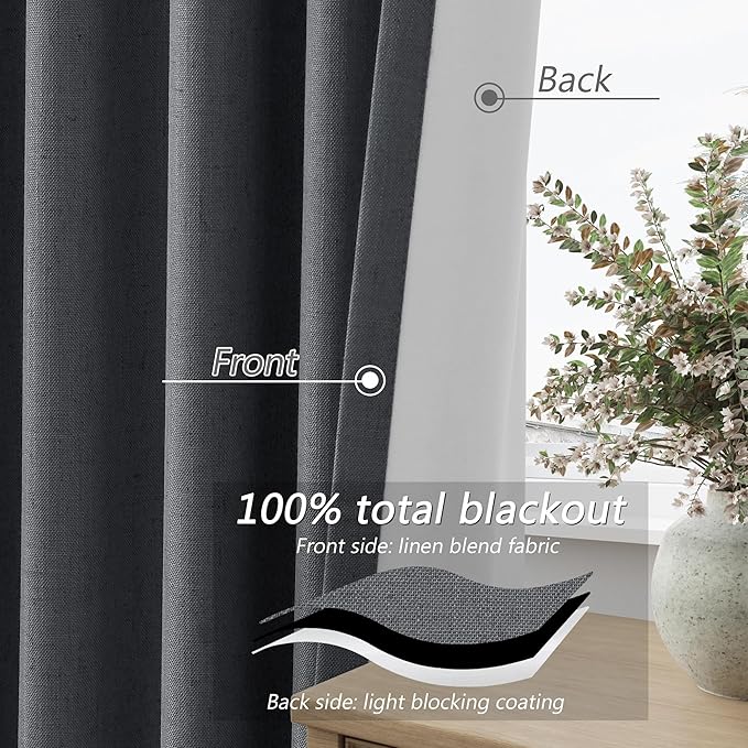 Guken 100% Blackout Curtains 120 Inch Length 2 Panels Set for Living Room Bedroom Back Tab Thermal Insulated Black Out Linen Drapes Room Darkening Blazer Grey,52x120