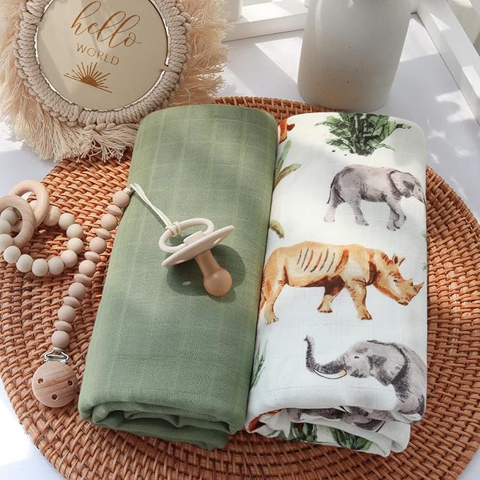 LifeTree Muslin Swaddle Blankets, Woodland Baby Swaddling Receiving Blanket for Boys & Girls, 70% Viscose from Bamboo and 30% Cotton, Large 47 x 47 inches Safari Jungle/Olive Green