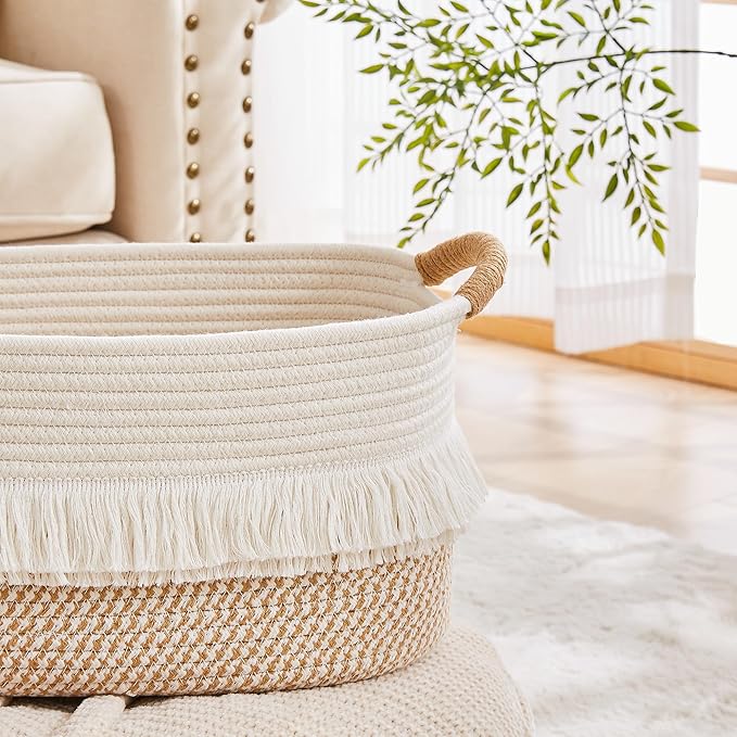 Storage Bins Woven Baskets for Storage Set of 3, Cotton Rope Basket with Handles for Toys/Shelves/Laundry, Rectangle Multi-Purpose Organizer for Living Room, Bedroom, Nursery (White/Brown)