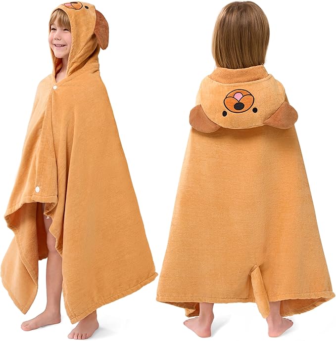 Joiedomi Hooded Towel for Kids Soft 100% Cotton Bath Beach Towel 30" x 50" for Kids 3-10 Years Toddler Pool Poncho with Hood Absorbent Swim Wrap for Boys Girls Brown Dog