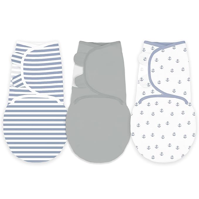 Amazing Baby Swaddle Blanket with Adjustable Wrap, Set of 3, Tiny Anchors, Stripes and Solid, Denim and Gray, Small