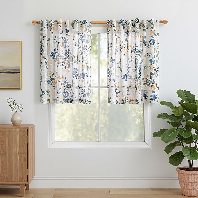 MYSKY HOME Linen Floral Kitchen Curtains 36 inch Length 2 Panels Set Over Sink - Light Filtering Farmhouse Cafe Half Window Drapes Back Tab Rod Pocket, 50" W Each Panel, Yellow and Blue