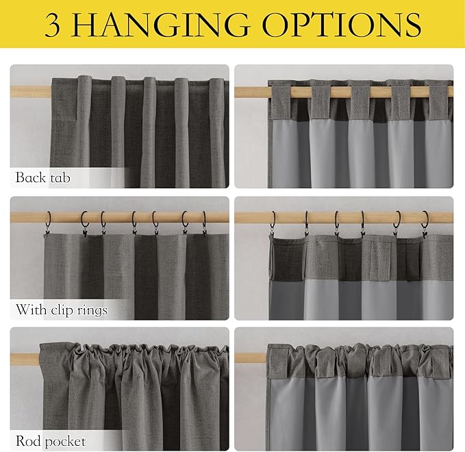 NICETOWN Grizzle Gray Linen 100% Blackout Curtains for Living Room, W52 x L84 in, Set of 2, Thermal Insulated Curtains with Light Blocking Liner, Noise Reducing Rod Pocket Window Treatments for Hall