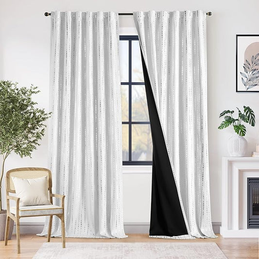 jinchan 95% Blackout Boho Curtains 96 Inch Length 2 Panels or Bedroom Curtains Moon Phases Printed Silver Drapes Rod Pocket Back Tab Curtains for Bedroom Nursery Window Drapes