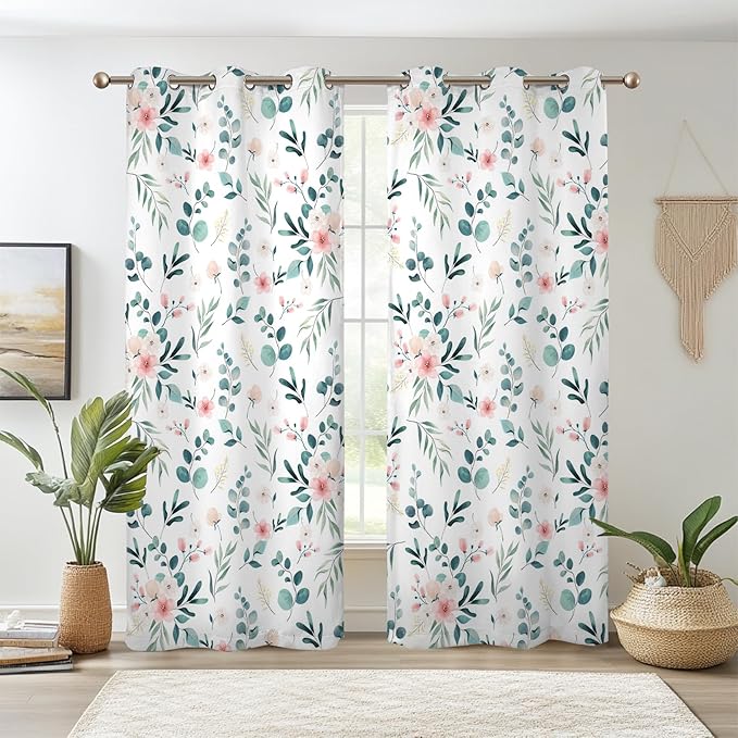 Renaiss Leaf Curtains Green Leaves Print Blackout Window Curtains for Bedroom Botanical Plants Grommet Top Room Darkening Window Drapes for Living Room 29W x 55L Inch Two Panel Set
