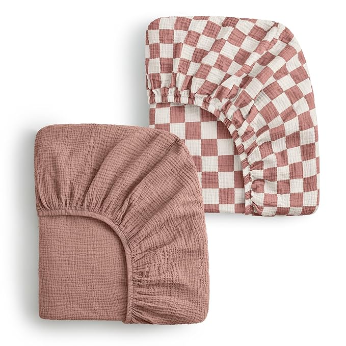 Blissful Diary Muslin Mini Crib Sheets, Pack and Play Mattress Sheets Fitted for Pack N Play, Soft Cotton for Boys Girls, 2 Pack(Dusty Pink Checkboard & Dusty Pink)