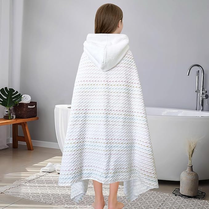 VOOVA & MOVAS Teens Bath Towel with Hood (8-14 Years,64"X33") | Soft Quick Dry Absorbent 100% Cotton Thick Towel Wrap | Versatile Beach, Pool, Swim & Bath Cover-Up | Pastel Mix Fine Stripe