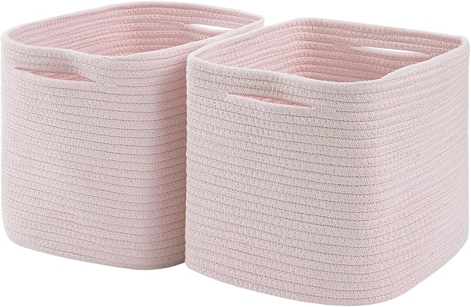 Cube Storage Bin 11" x 10.5" x 10.5" Cotton Rope Basket Square Woven Storage Basket for Shelves, Closet Organizer, Soft Towel Sock Basket, Pink, 2 Pack