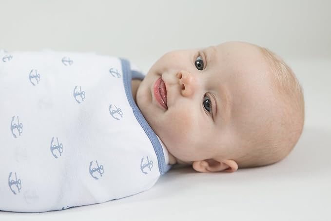 Amazing Baby Swaddle Blanket with Adjustable Wrap, Set of 3, Tiny Anchors, Stripes and Solid, Denim and Gray, Small