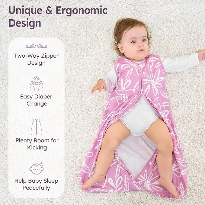Unnivoll Baby Sleep Sack 0-6 Months 3 Pack 100% Cotton Lightweight 0.5 TOG Wearable Blanket Baby Sleep Bag with 2-Way Zipper for Newborn Infant Purple Leaf