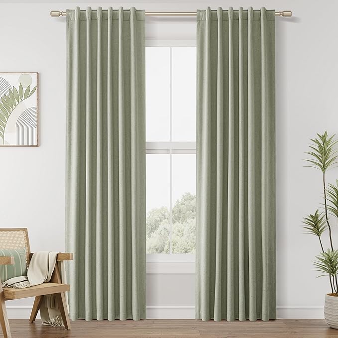 Sage Green 100% Blackout Linen Curtains 42 Inch Wide by 84 Inch for Living Room Bedroom Back Tab Thermal Insulated Black Out Drapes Room Darkening Window Curtains