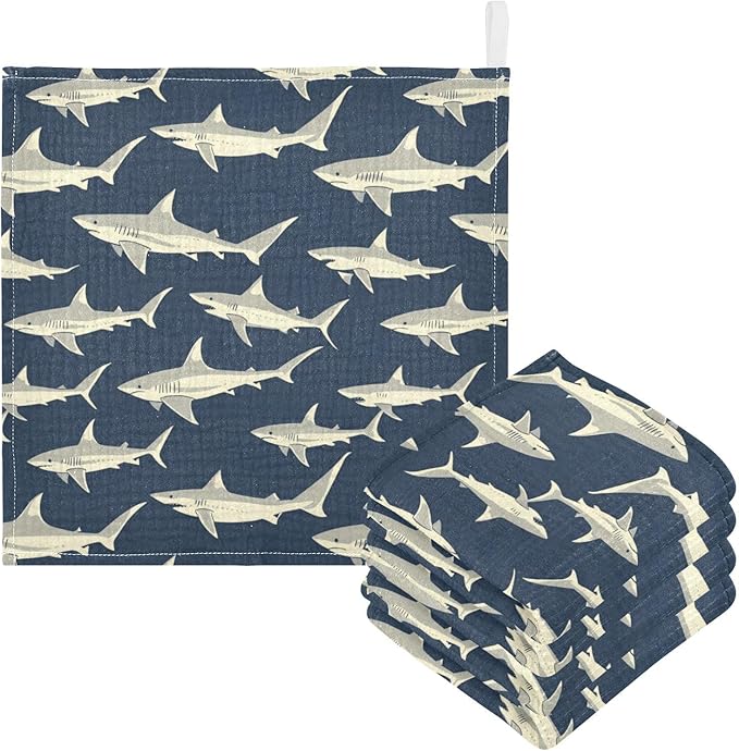vvfelixl Baby Muslin Washcloths Sharks in Ocean Baby Burp Cloths Cotton Babys Face Towel for Newborn Infants Boys Girls Soft and Absorbent 11.8 X 11.8 in, 3 Pack