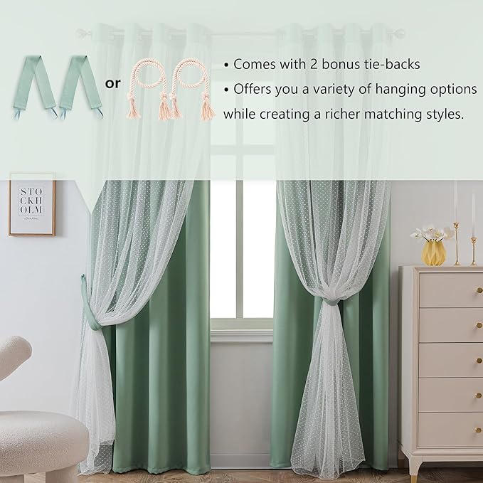 MYSKY HOME Curtains for Girls Bedroom & Nursery Kids Green Cute Curtains 63 inch Long Double Layer with Polka Dots Sheer, Grommet Tops, 52" Wide Each Panel, 2 Panels