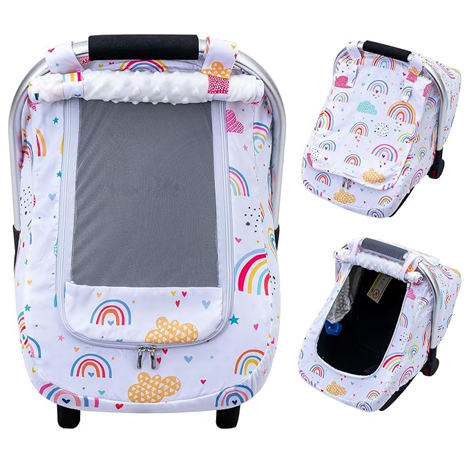 Car Seat Cover Baby Girls, Outdoor Infant Car Seat Canopy, Breathable Carseat Cover for Stroller, 2 Layers with Mesh Window & Privasy Sun Shade, Protective Baby Carrier Cover for Newborn Shower Gift