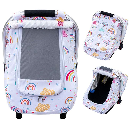 Car Seat Cover Baby Girls, Outdoor Infant Car Seat Canopy, Breathable Carseat Cover for Stroller, 2 Layers with Mesh Window & Privasy Sun Shade, Protective Baby Carrier Cover for Newborn Shower Gift