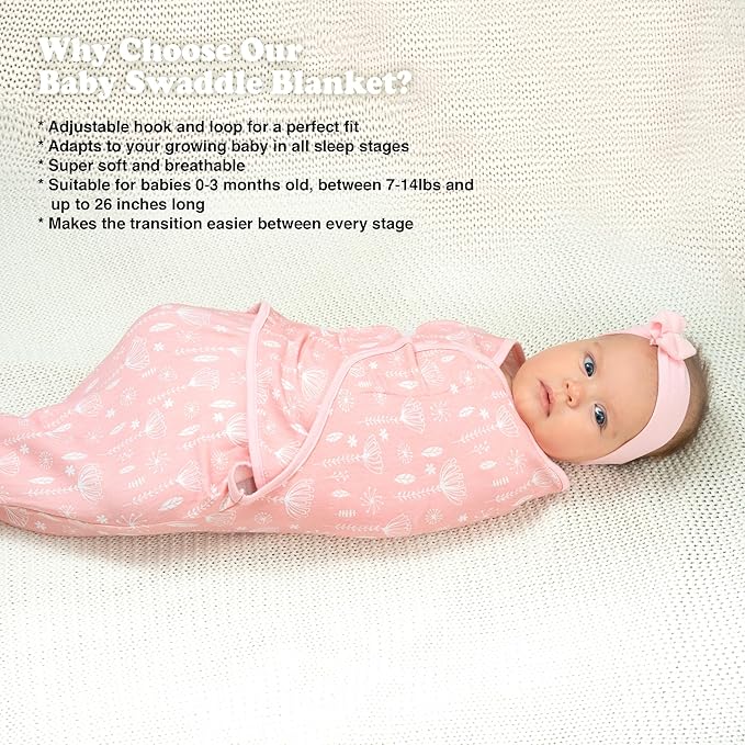 Bublo Baby Swaddles for Newborns – 3-Pack Infant Swaddles 0-3 Months – Adjustable Swaddle Sleep Sack – Soft Organic Cotton Baby Wrap for Safe & Cozy Sleep (Rose Pink)