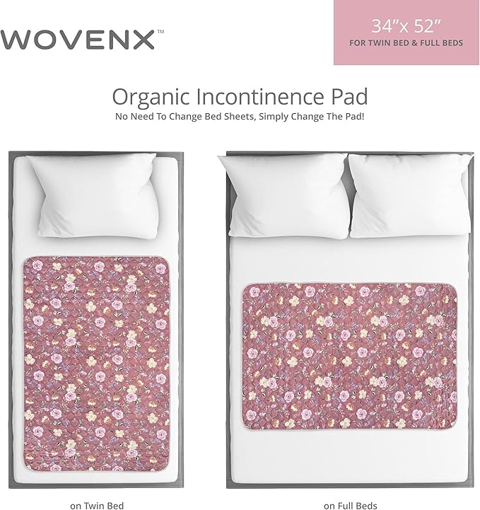 wovenx Organic Incontinence Pad for Period - Waterproof Protectors - Reusable Washable Pee Pad - Fits Twin to Full Size Beds - 100% Organic Viscose Derived from Bamboo - 34" x 52" Dark Flower