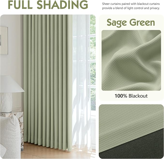 FMFUNCTEX 100% Blackout Curtains for Bedroom, Sage Green Back Tab Curtain 63 Inch Length Drapery Thermal Insulated Curtains for Living Room, Black Out Drapes Rod Pocket Room Darkening 2 Panels