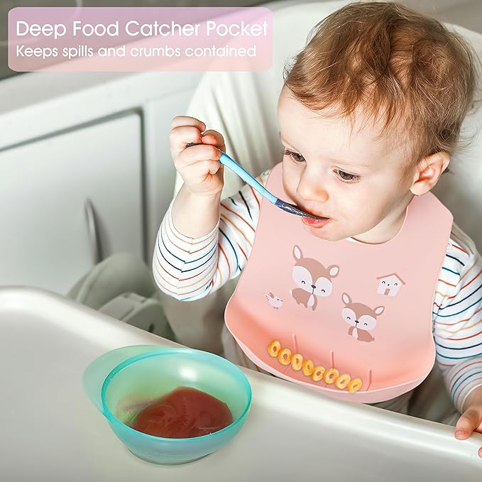 BEBE FAVOUR 2 Pack Silicone Baby Bibs Adjustable Fit Waterproof Bib With Leak Proof Food Pouch Catcher for Eating Boys Girls