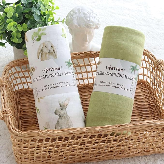 LifeTree Baby Swaddle Blankets, Boys Girls Muslin Swaddling Wrap Receiving Blanket for Newborn, 70% Viscose from Bamboo and 30% Cotton, Large 47" x 47", Rabbit and Grass Green Pattern