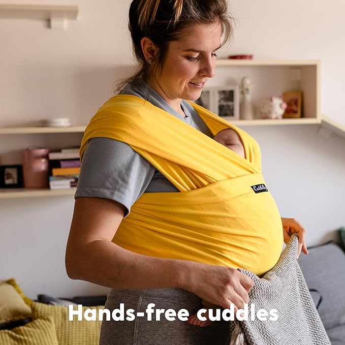 Cuddlebug Hands-Free Baby Carrier - Soft & Stretchy Wrap for Newborn to Toddler 7-35 lbs - One-Size-Fits-All Hip-Healthy Holder (Yellow)