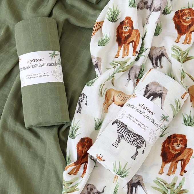 LifeTree Muslin Swaddle Blankets, Woodland Baby Swaddling Receiving Blanket for Boys & Girls, 70% Viscose from Bamboo and 30% Cotton, Large 47 x 47 inches Safari Jungle/Olive Green