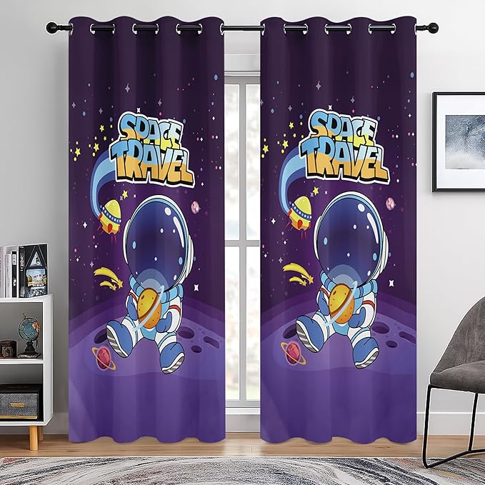 Kids Space Astronaut Blackout Curtains - 100% Blackout, Thermal Insulated, Noise Reducing, Perfect for Kids Room and Nursery, 2 Panels (Space Travel Astronaut, W52×L84)