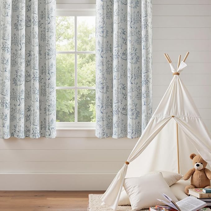 jinchan Blackout Nursery Curtains 63 Inches Long, Bunny Woodland Toile Curtains Blue on Beige Animal Printed Drapes for Bedroom Thermal Insulated Farmhouse Rod Pocket Window Treatment 2 Panels