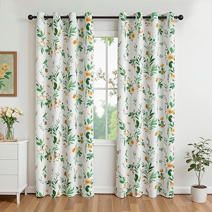 MYSKY HOME Sage Green Floral Blackout Curtains 84 inch Long 2 Panels for Living Room Bedroom - Spring Flower Patterned Room Darkening Light Blocking Grommet Window Drapes, 52" W, Yellow and Green
