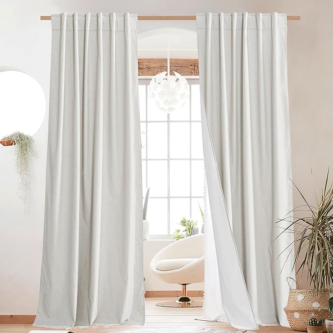 NICETOWN 100% Absolutely Blackout Linen Curtains with Thermal Insulated White Liner, Ivory, W52, 2 Pieces, Back Tab Noise Reducing Textured Linen Look Windows Curtains 95" Length for Classroom