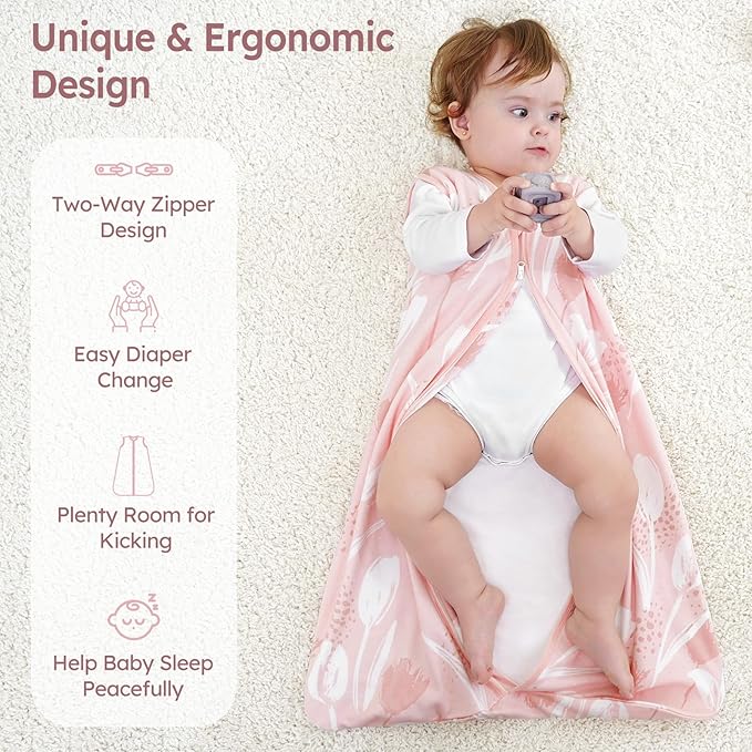 Unnivoll Baby Sleep Sack 12-18 Months 3 Pack 100% Cotton Lightweight 0.5 TOG Wearable Blanket Baby Sleep Bag with 2-Way Zipper for Newborn Infant Pink Flowers & Leaf