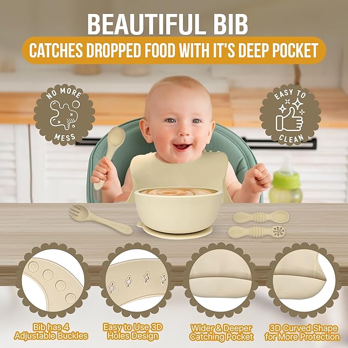 HippoBaby 6 Piece Baby Bowls With Suction and Lids | Toddler Bowl Set with 1 Bowl, 1 Bib, 2 Baby Spoons, 1 Large Spoon, 1 Large Fork, Baby Feeding Essentials (1, Light Blue)