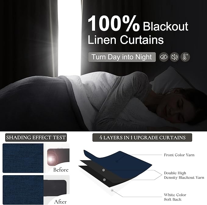 Navy Blue Blackout Curtains 84 Inch Length for Kids/Boys Rooms/Bedroom, Pinch Pleated Drapes with Hooks Viral Linen Thermal Coastal Curtain Dark Blue Window Burg (40" Wx84 Lx 2 Panels)
