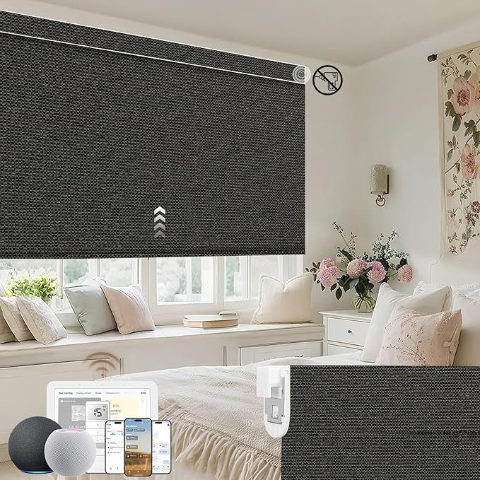 Kincmo No Drill Motorized Blinds with Remote, 100% Blackout Roller Shades for Windows, Custom Electric Blinds Compatible with Alexa, Apple Homekit, Google Home (100% Blackout Starscape Brown)